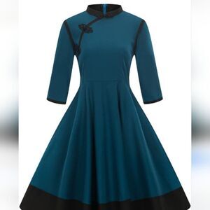 SUCREFAS Elegant Teal Retro Asian Inspired Circle Dress